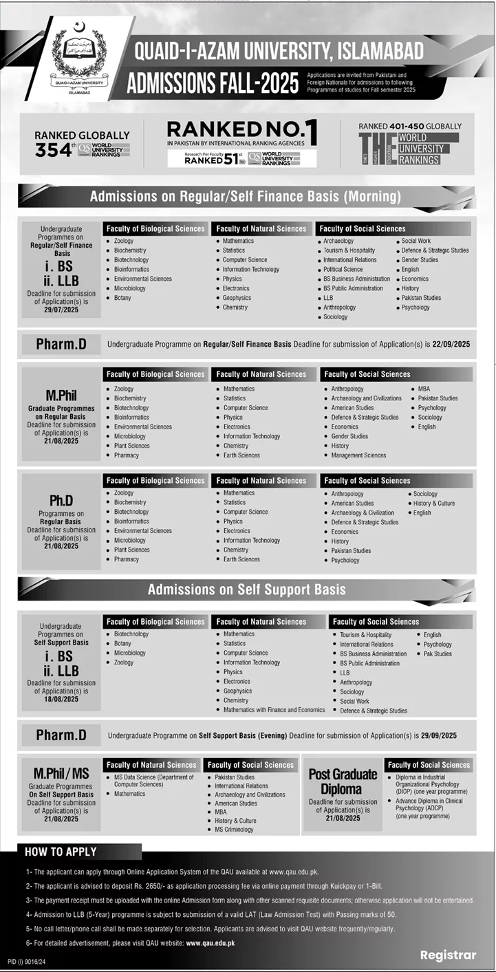 Admission Open in Quaid-i-Azam University Islamabad